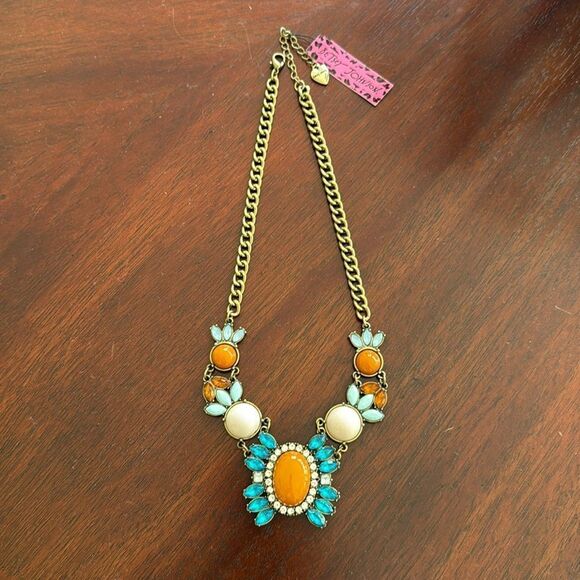 Betsey Johnson Orange & Blue Crystal Flower Boho Choker Statement Necklace - Picture 4 of 6